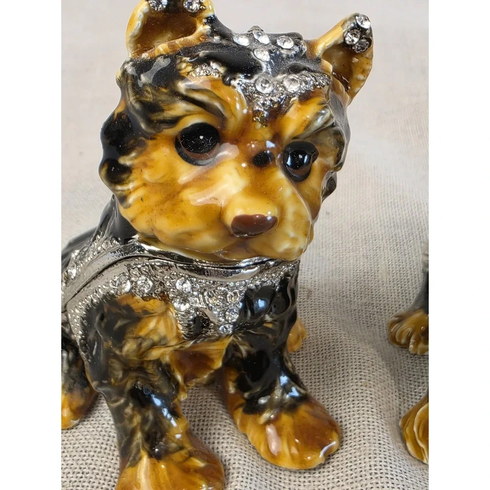 Vintage Yorkie Bejeweled Enamel Fabrege Style Hinged Trinket Boxes Perfect!